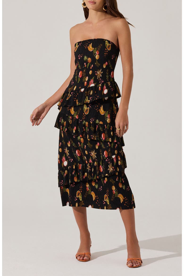 Plissé Asymmetric Tiered Ruffle Strapless Midi Dress, Main, color, BLACK FRUIT PRINT