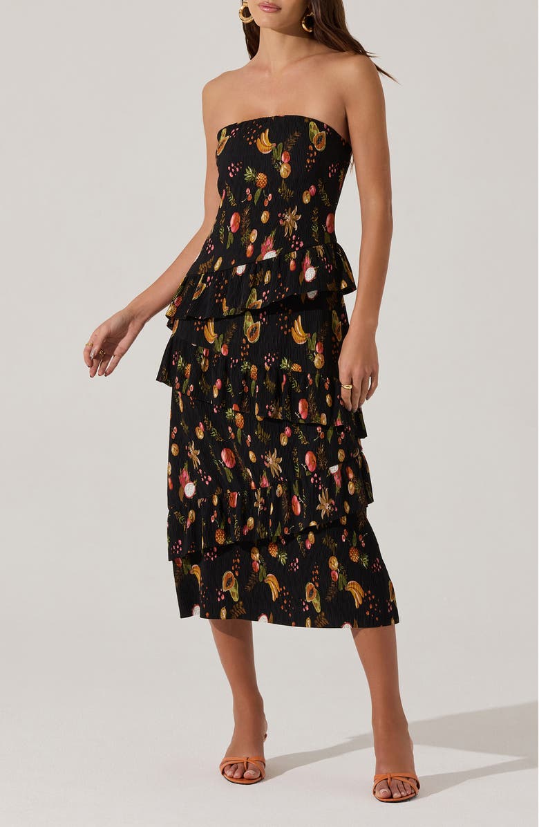 ASTR the Label Plissé Asymmetric Tiered Ruffle Strapless Midi Dress, Main, color, Black Fruit Print