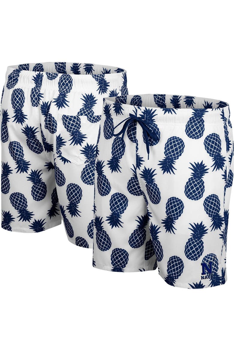 Men's Colosseum White Navy Midshipmen Pineapples Swim Shorts, Main, color, White