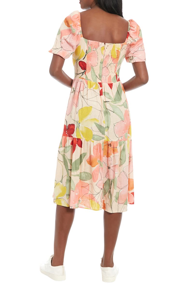 London Times Floral Square Neck Puff Sleeve Tiered Midi Dress, Alternate, color, 