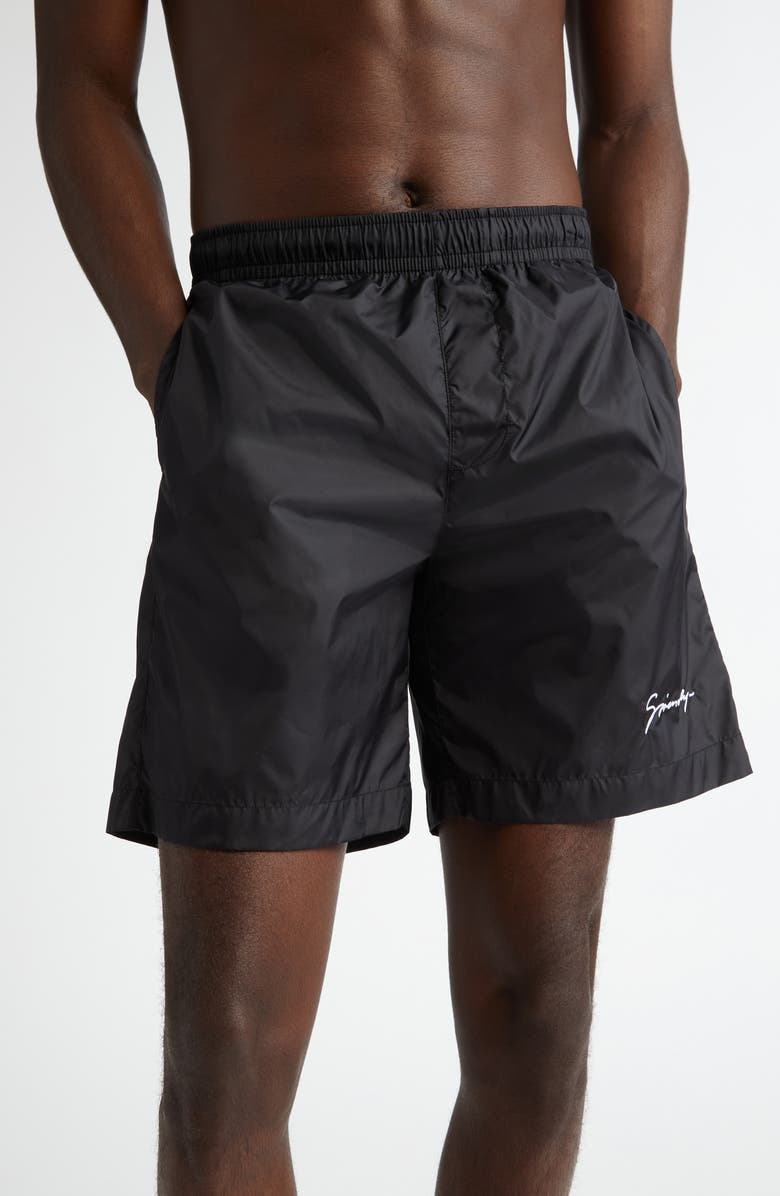 Givenchy Logo Embroidered Swim Trunks, Main, color, Black/ White