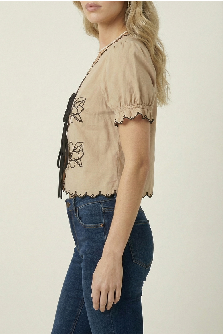 Puff Sleeve Embroidered Front Tie Blouse, Alternate, color, Beige