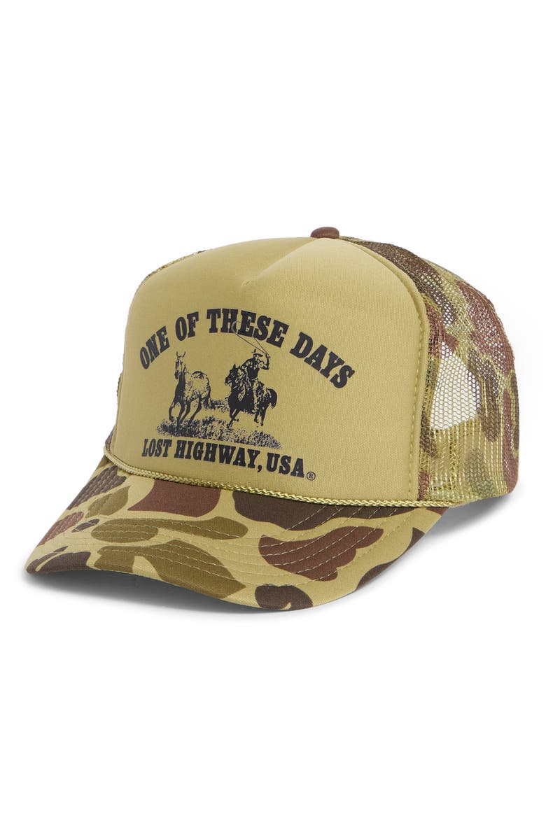 ONE OF THESE DAYS Lost Highway Trucker Hat, Main, color, Light Green Camo