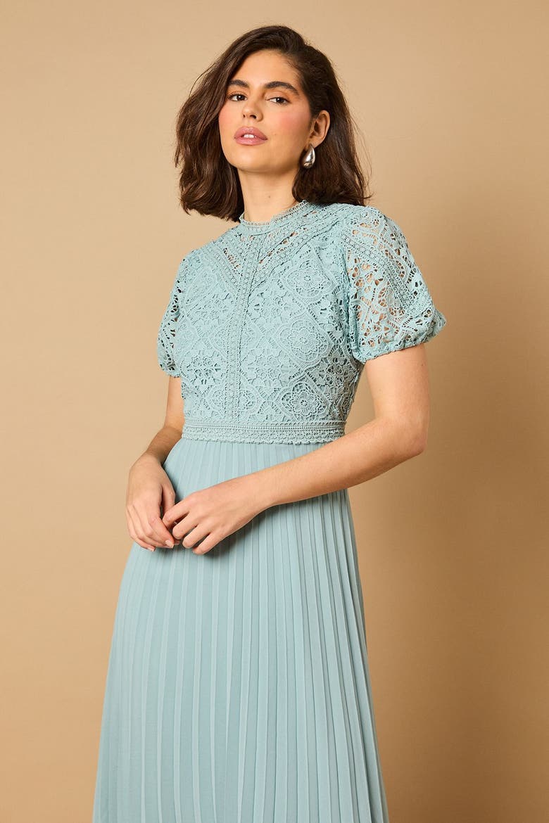 Lace Puff Sleeve Pleated Midi Dress, Alternate, color, Light Blue