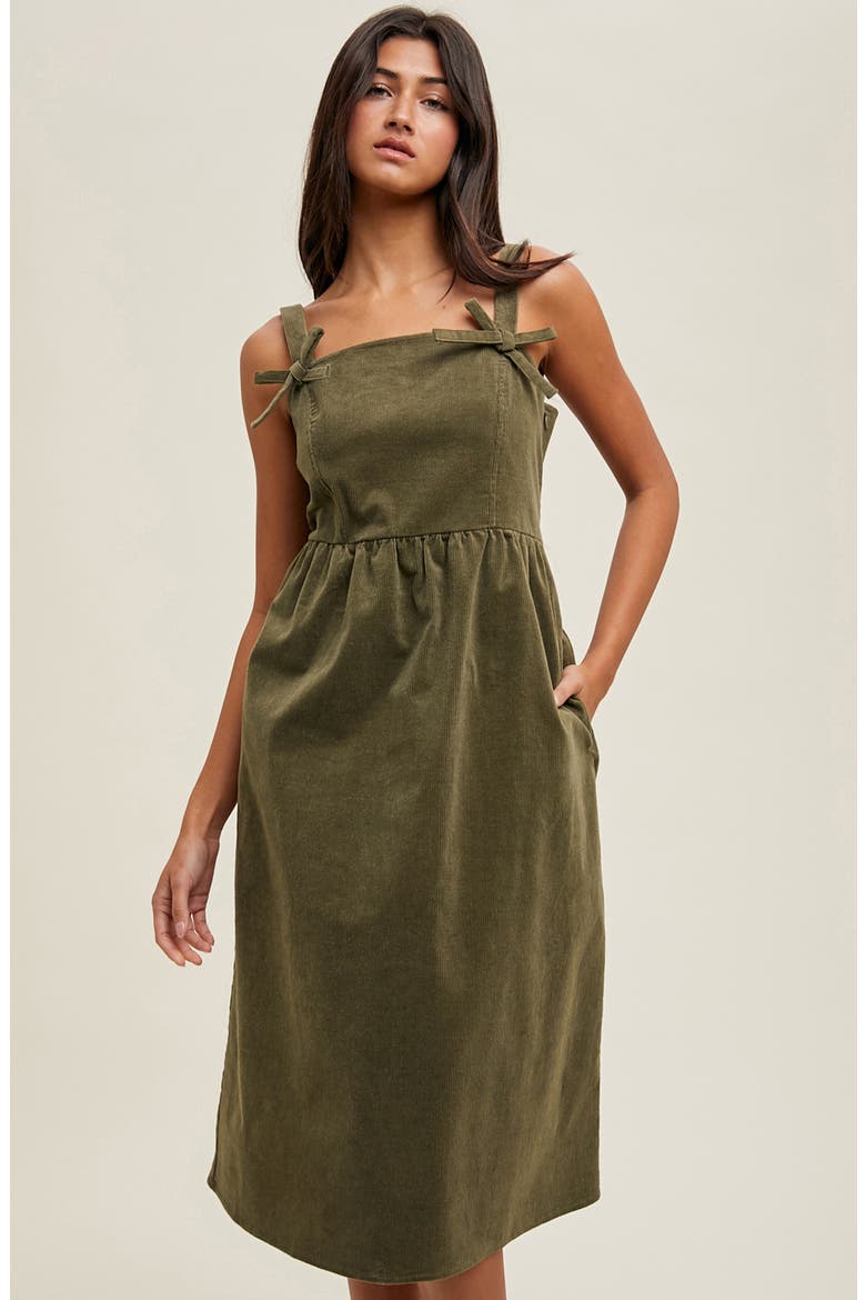 Corduroy Bow Strap Overalls Midi Dress, Alternate, color, OLIVE