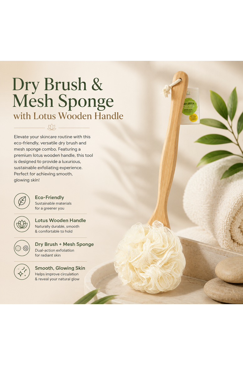 Dry Brush & Mesh Sponge with Lotus Wooden Handle, Alternate, color, Beige