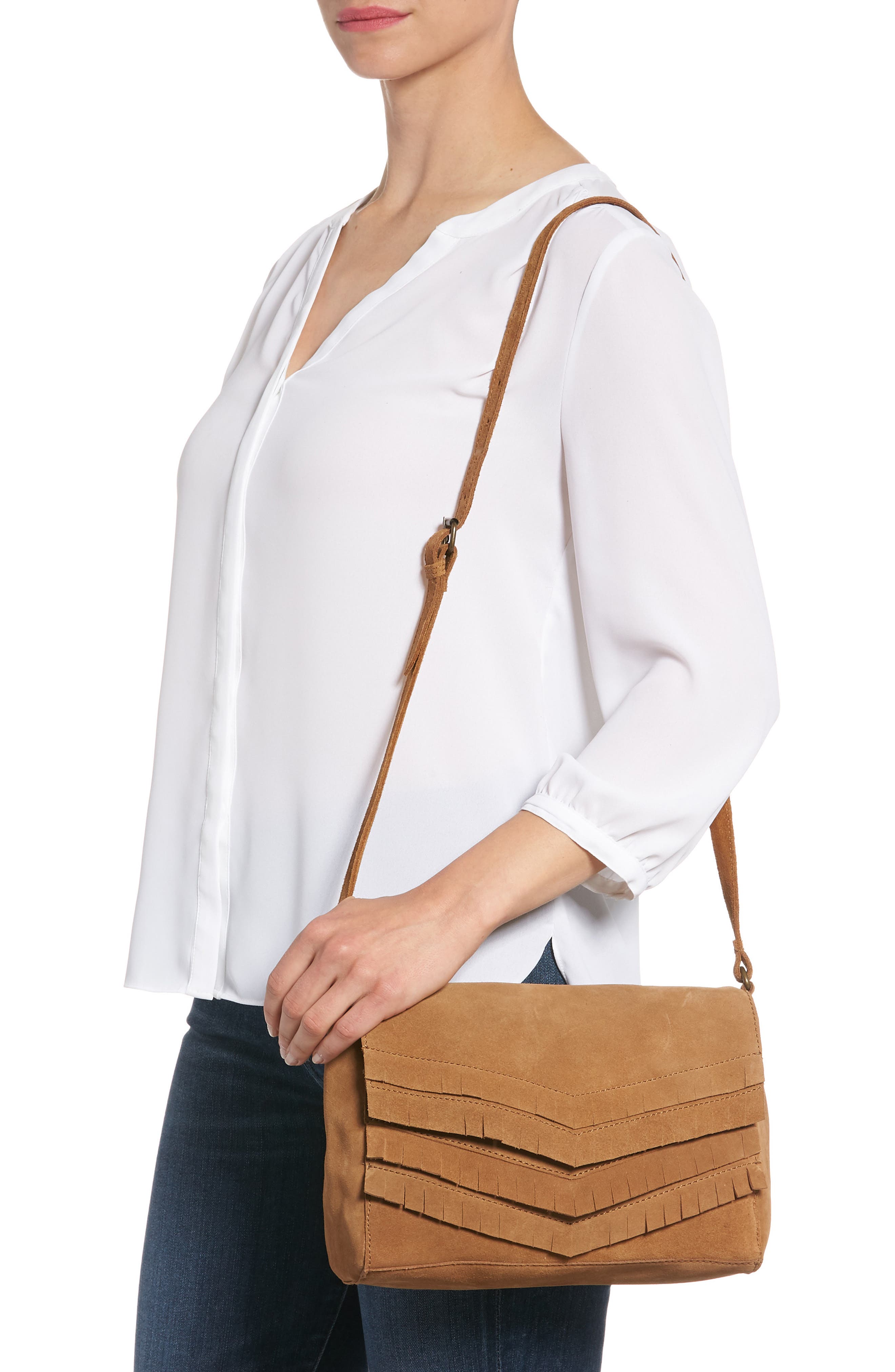 Ten79LA Chevron Fringe Suede Crossbody Bag, Alternate, color, 