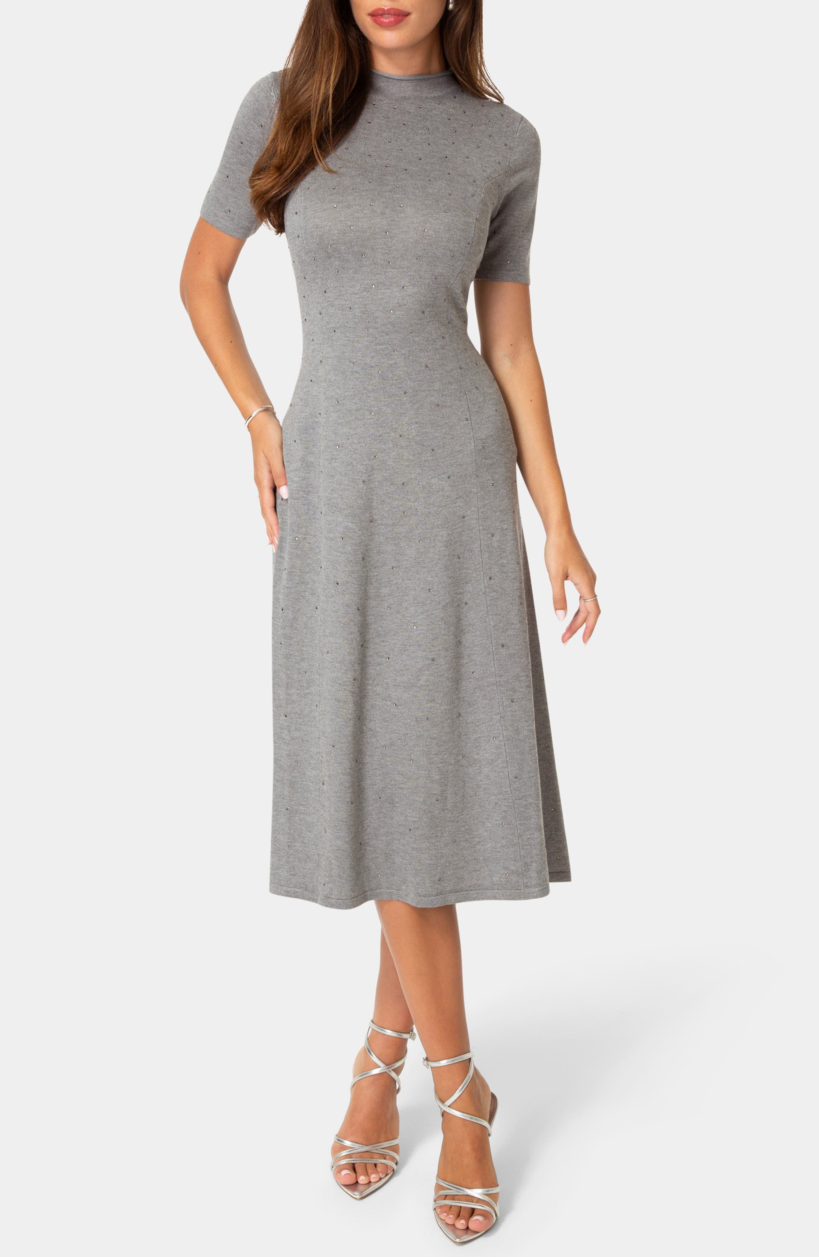 Crystal Mock Neck A-Line Sweater Dress