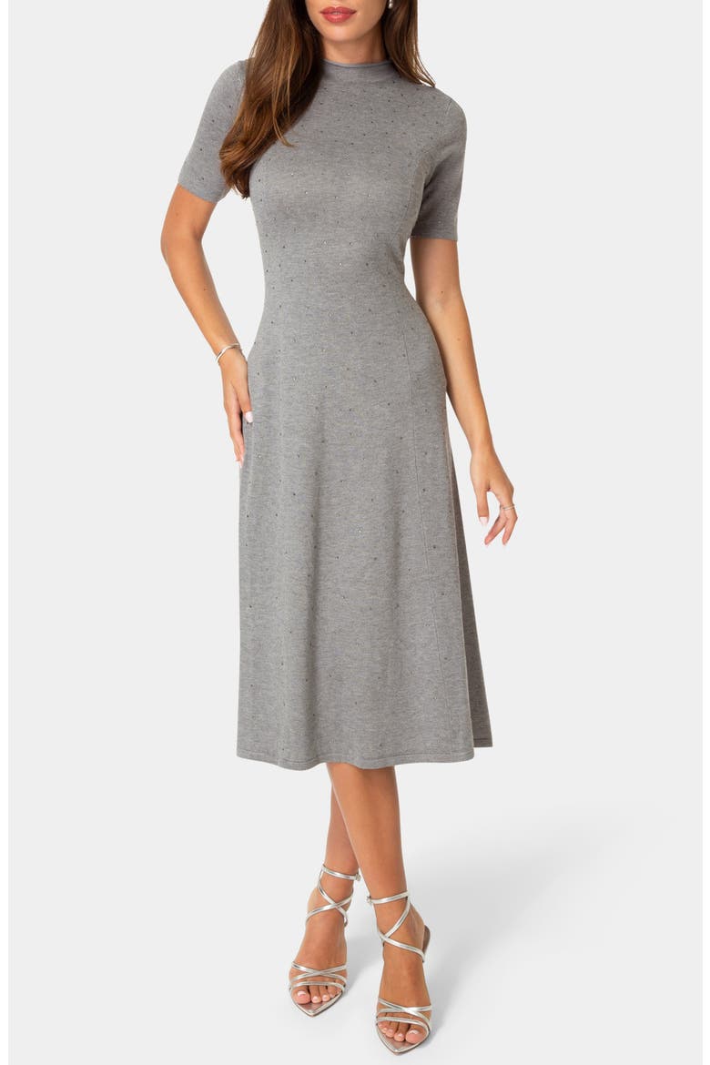 Crystal Mock Neck A-Line Sweater Dress, Main, color, CHARCOAL