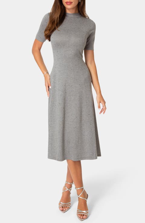 Crystal Mock Neck A-Line Sweater Dress