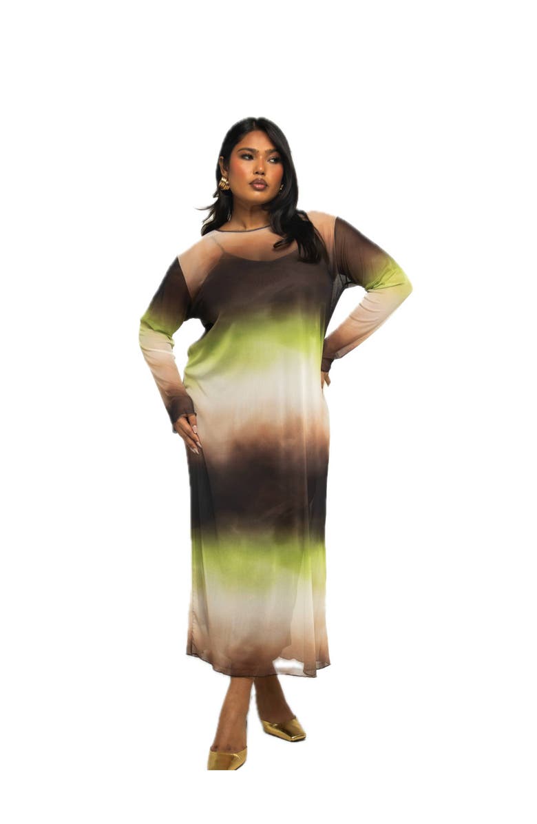 FASHION-SZN CURVE Flowy Ombre Print Midi Dress, Main, color, Brown