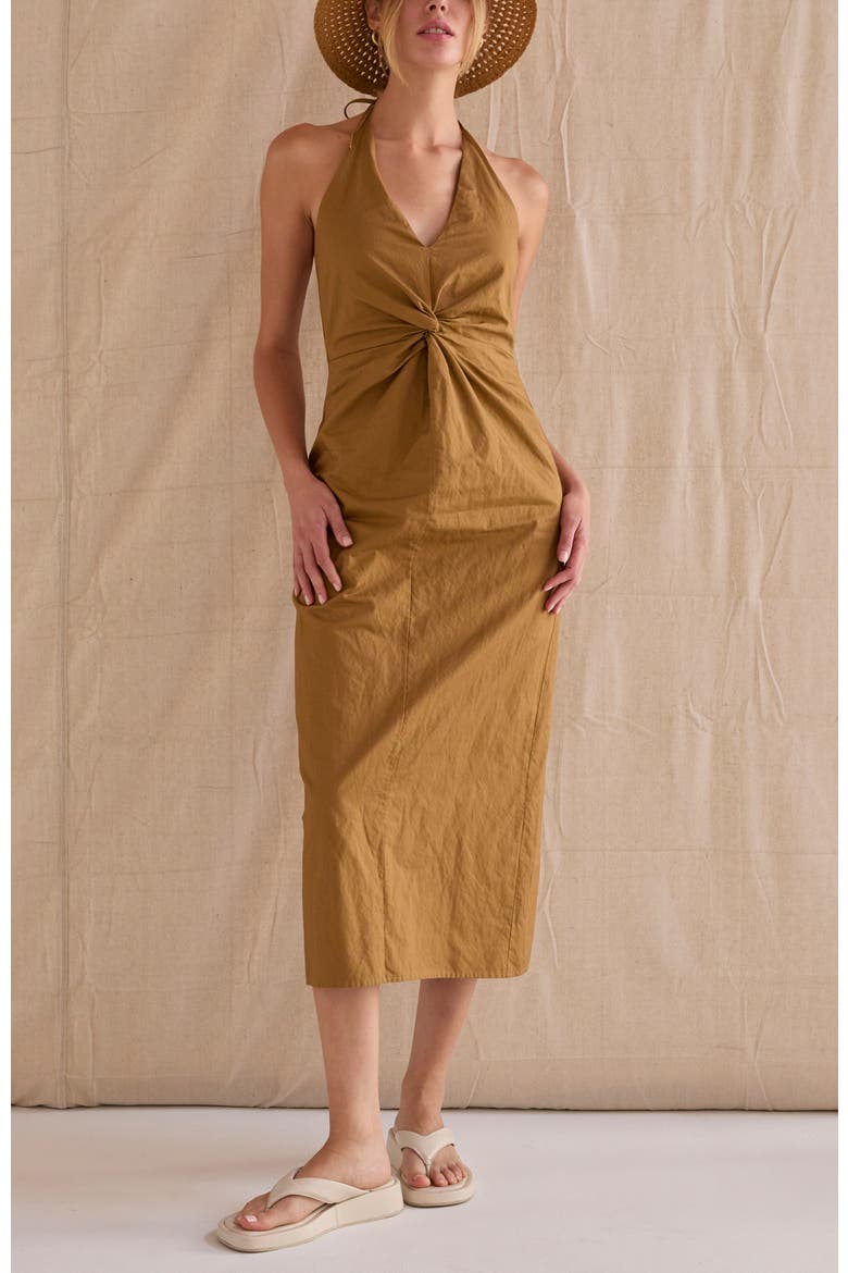Crinkled Woven Halter Midi Dress, Alternate, color, Golden Tan