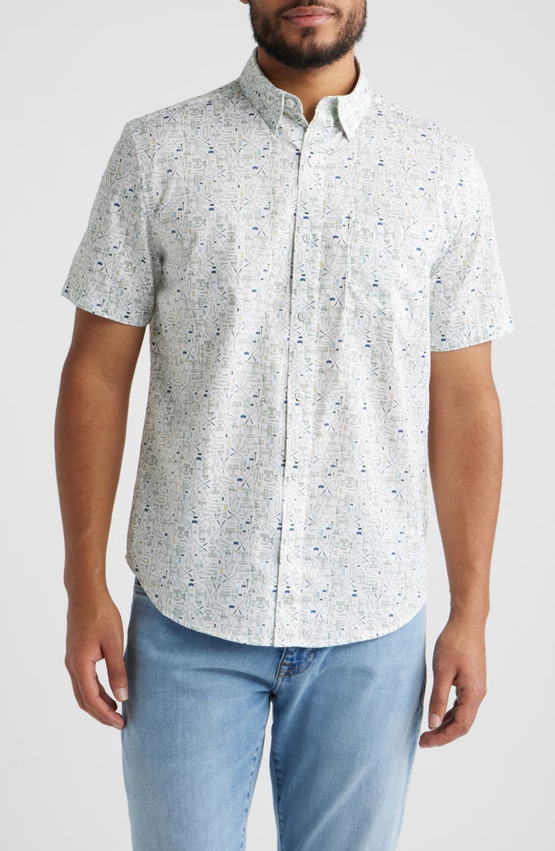 Johnston & Murphy Logan Short Sleeve Button-Up Shirt, Main, color, White / Sage Tee Time