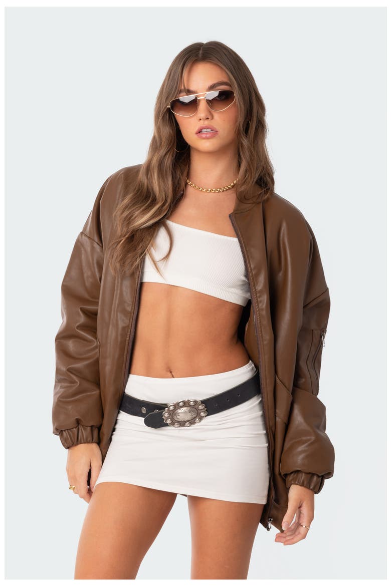 Oversize Faux Leather Bomber, Alternate, color, BROWN
