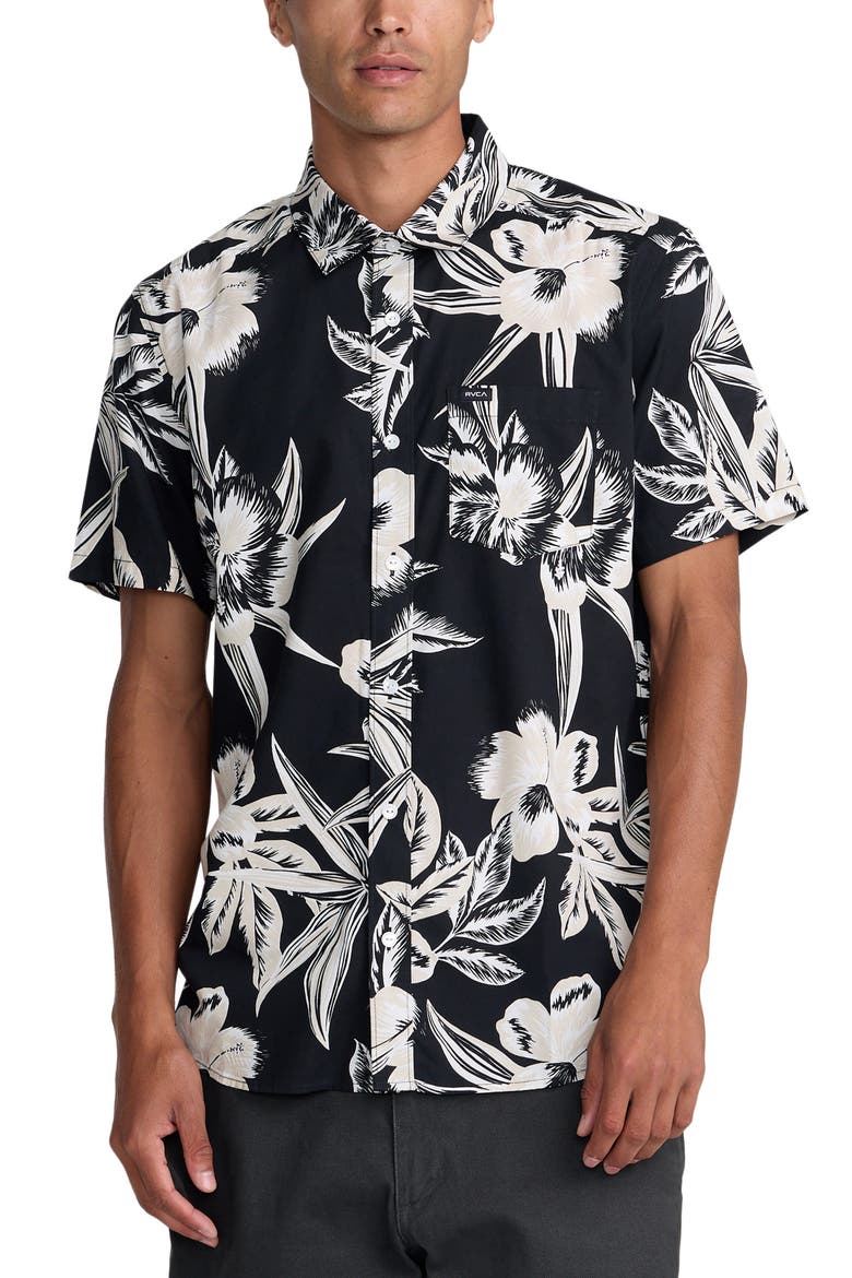 Overspray Floral Short Sleeve Button-Up Shirt, Main, color, BLACK