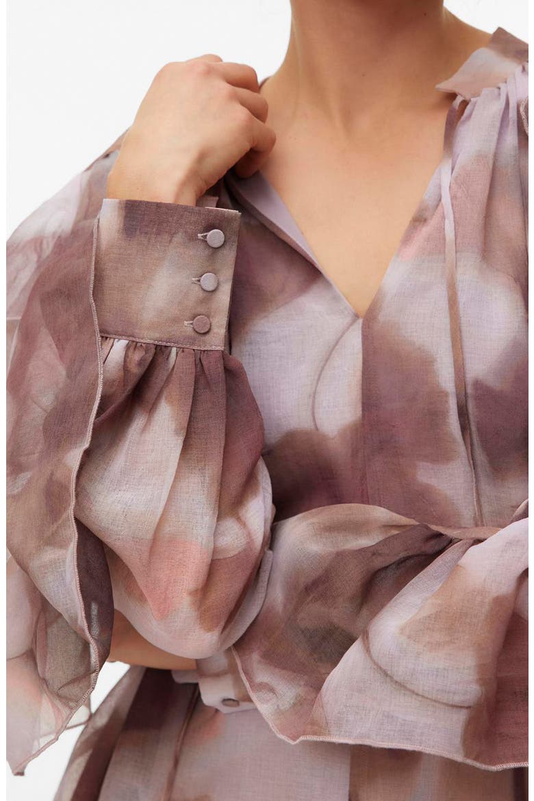 Sabrina Print Split Neck Ruffle Trim Dress, Alternate, color, WISTFUL MAUVE AOPMARIE