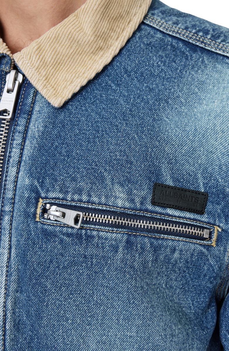 AllSaints Rothwell Zip Denim Jacket with Corduroy Collar, Alternate, color, Washed Indigo