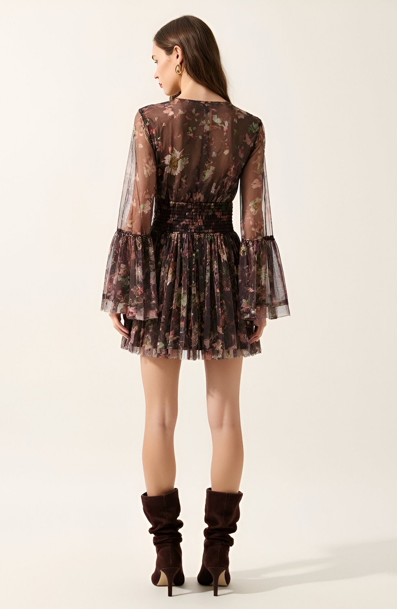 Modenaire Floral Long Sleeve Mini Dress with Smocked Waist and Flared Skirt, Alternate, color, Brown Floral