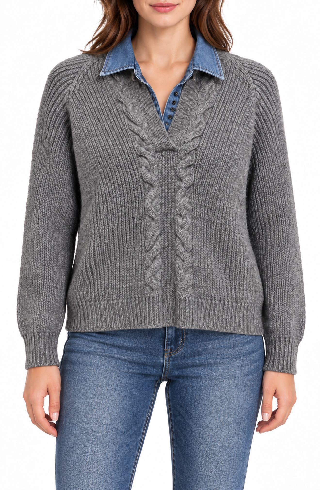 Chunky Two-Fer V-Neck Sweater