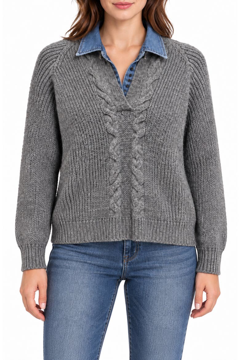 Chunky Two-Fer V-Neck Sweater, Main, color, HEATHER GREY/ DENIM