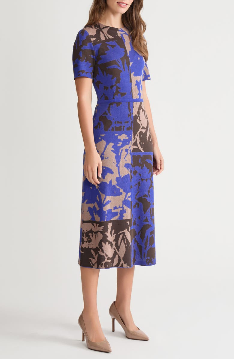 Ming Wang Floral Colorblock Knit Midi Dress, Alternate, color, Sapphire Sea/ Taupe/ Drk Umbr
