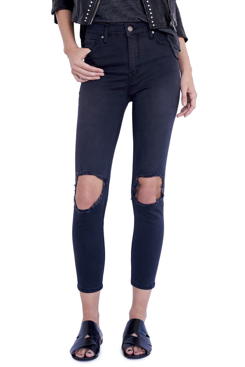 We the Free by Free People High Rise Busted Knee Skinny Jeans, Main, color, WASHED BLACK