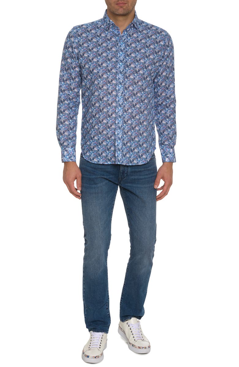 Robert Graham Big Sur Wave Print Linen & Cotton Button-Up Shirt, Alternate, color, 