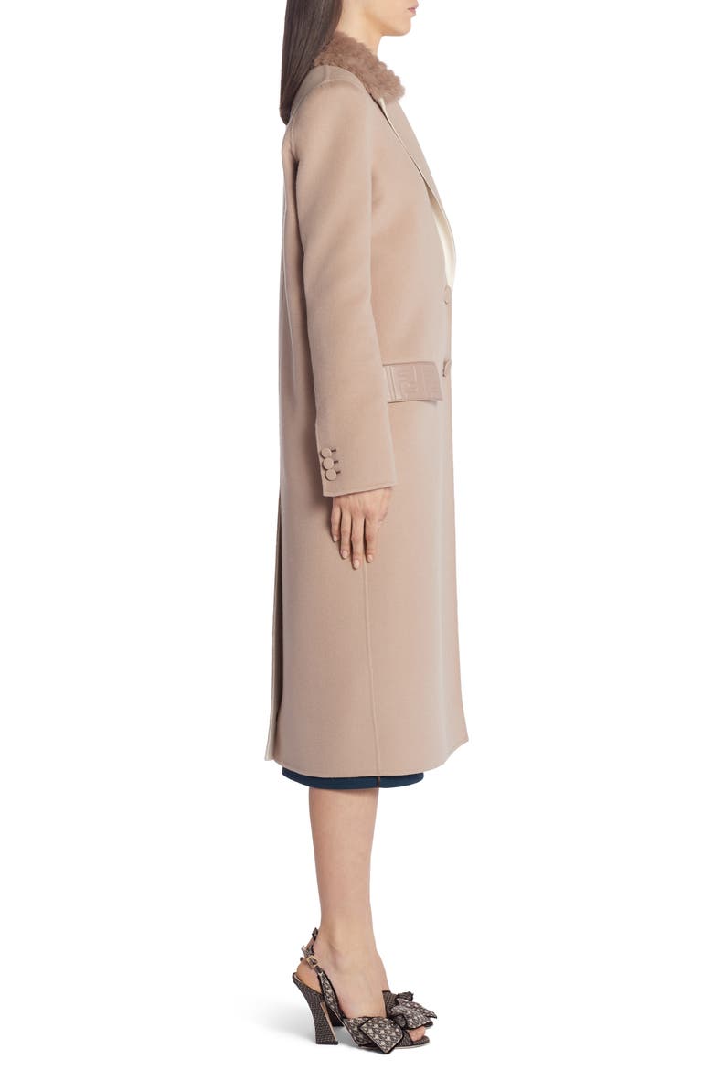 FF Logo Double Face Cashmere Coat with Removable Genuine Mink Fur Collar, Alternate, color, BEIGE