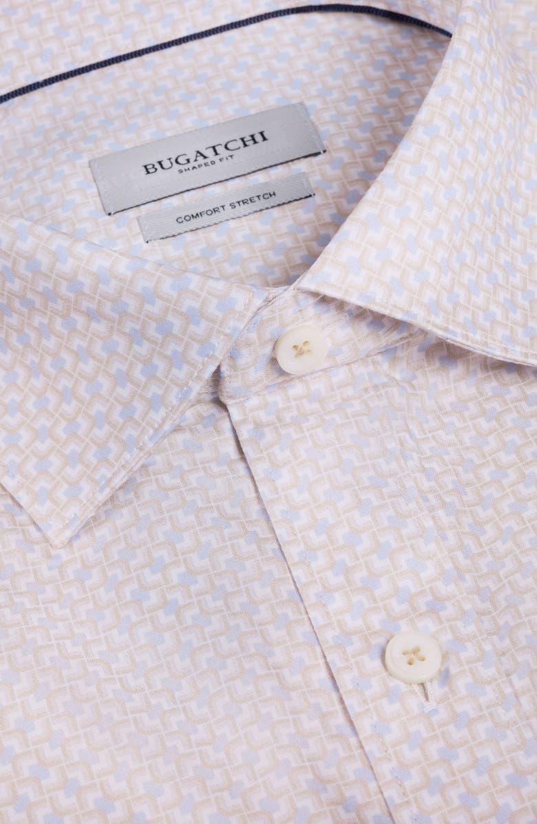 Bugatchi Axel Shaped Fit Geo Print Stretch Cotton Button-Up Shirt, Alternate, color, Almond