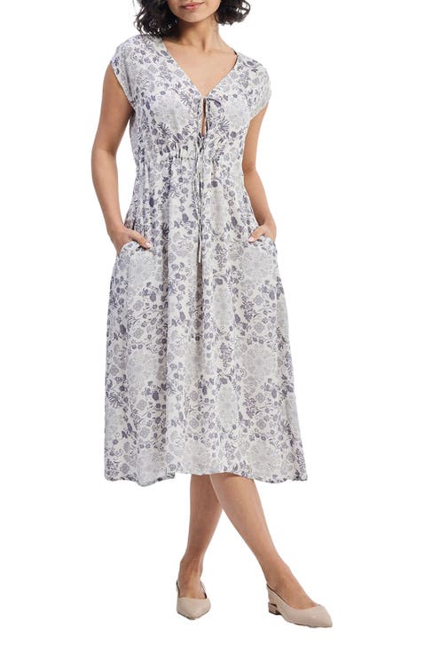 Deep V-neck Gathered Dress in Florals
