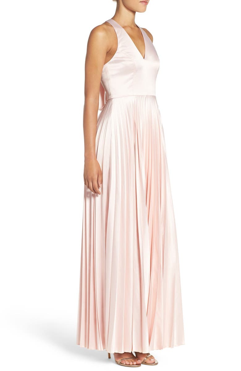 Lulus Bow Back Pleat Satin Gown, Alternate, color,