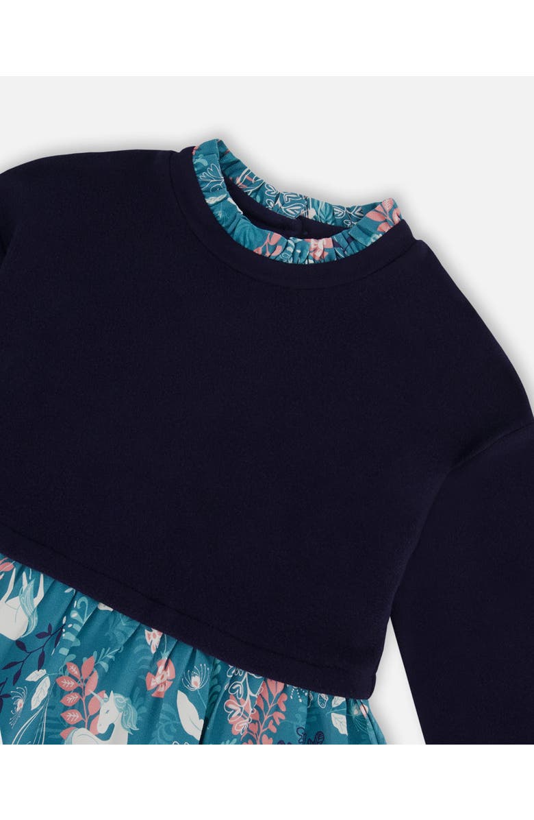 Deux par Deux Little Girl's Bi-Material Long Sleeve Dress Turquoise Printed Fairy Unicorn, Alternate, color, 