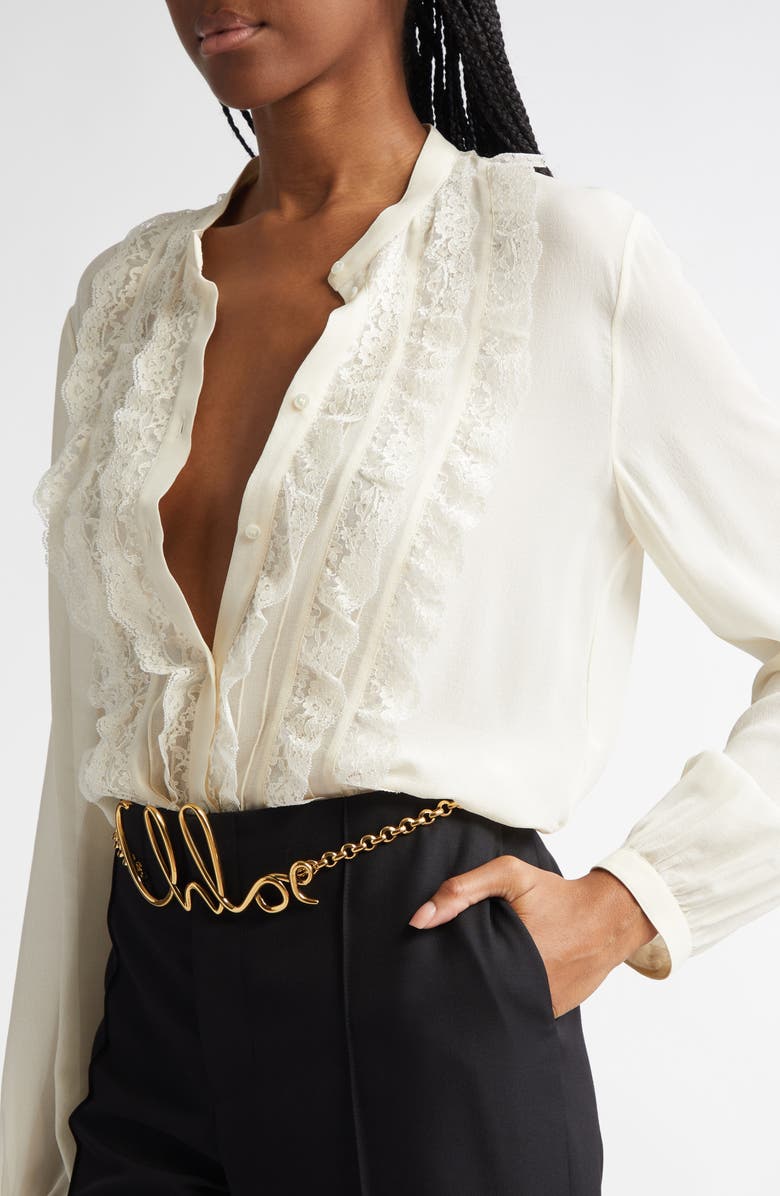 Chloé Ruffle Front Silk Georgette Shirt, Alternate, color, Pristine White