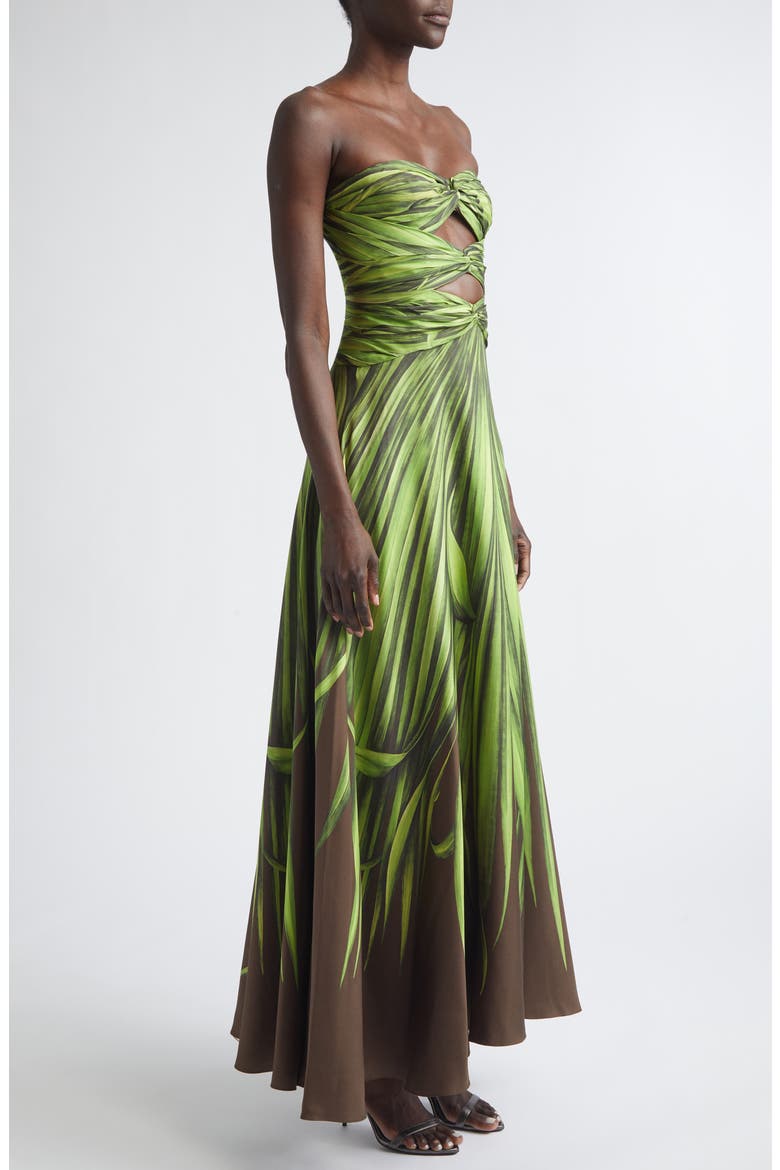 Palm Leaves Print Strapless Cutout Silk Gown, Alternate, color, GREEN/ BROWN