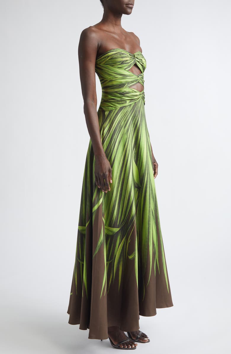 Oscar de la Renta Palm Leaves Print Strapless Cutout Silk Gown, Alternate, color, Green/ Brown