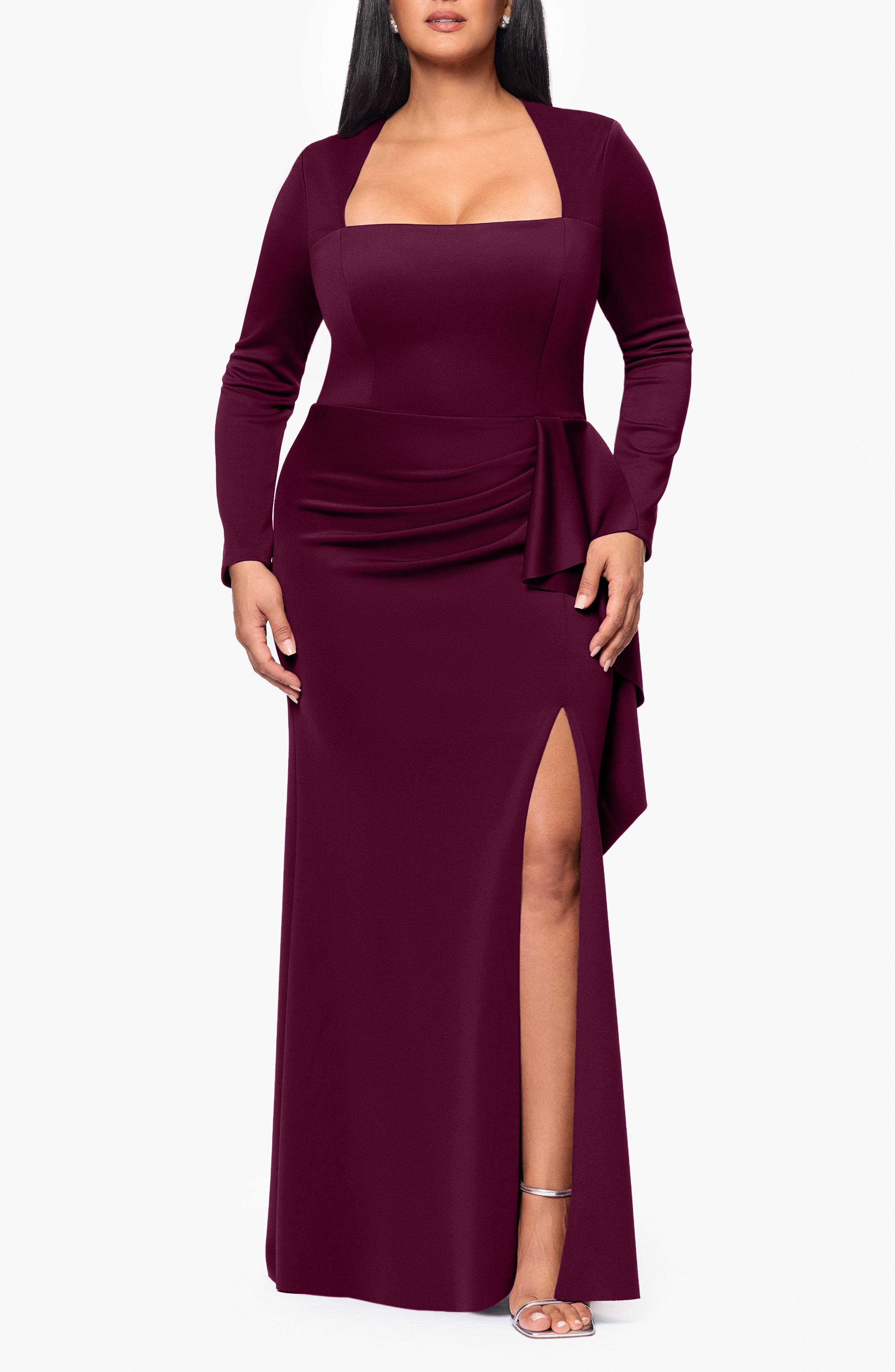 Side Ruffle Long Sleeve Scuba Knit Gown