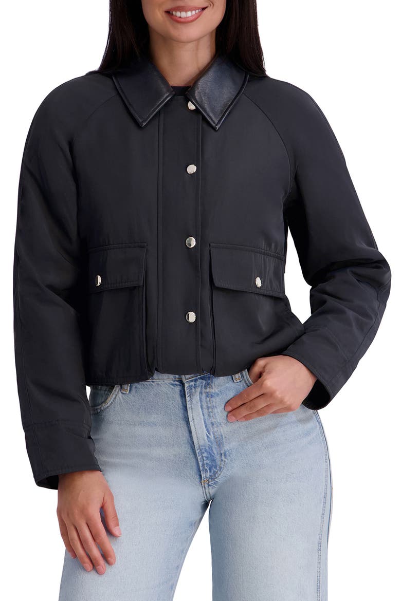Faux Leather Collar Twill Rain Jacket, Alternate, color, BLACK