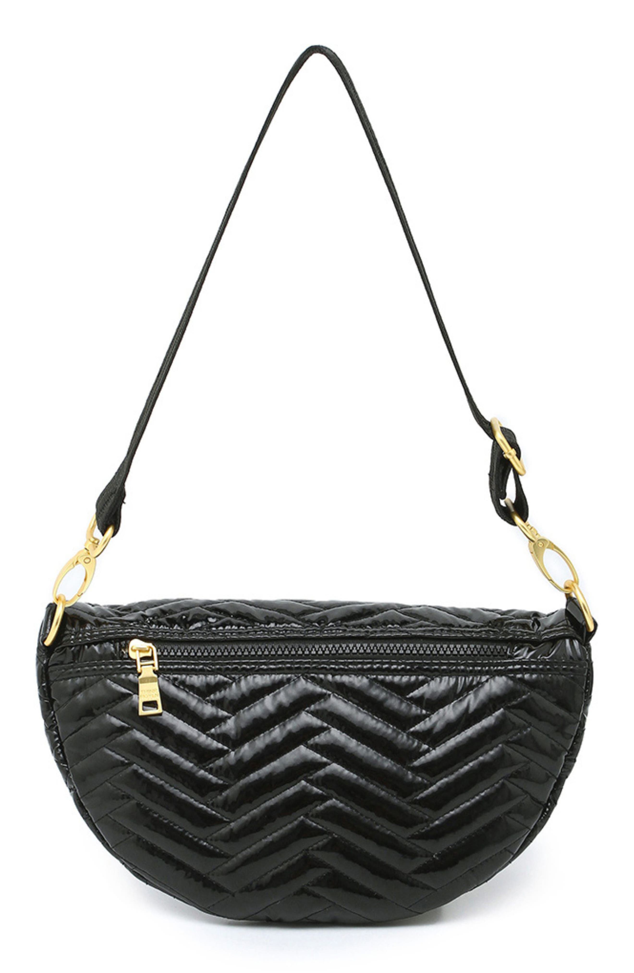 Little Runaway Moto Quilted Shoulder Bag, Alternate, color, BLACK PATENT NYLON