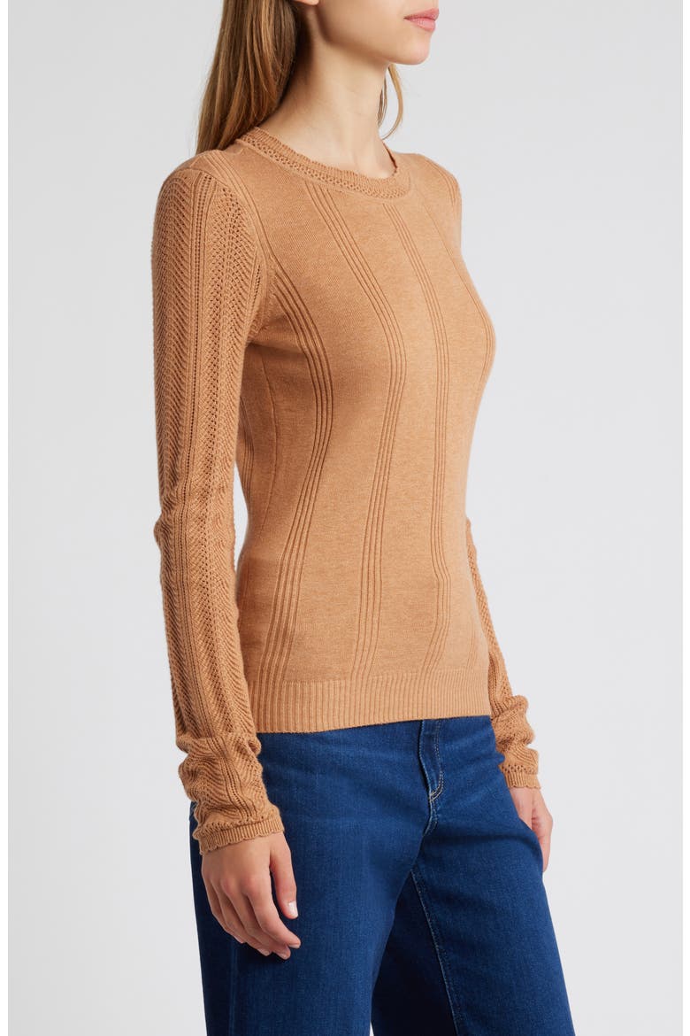 Claire Pointelle Organic Cotton Blend Crewneck Sweater, Alternate, color, MACCHIATO