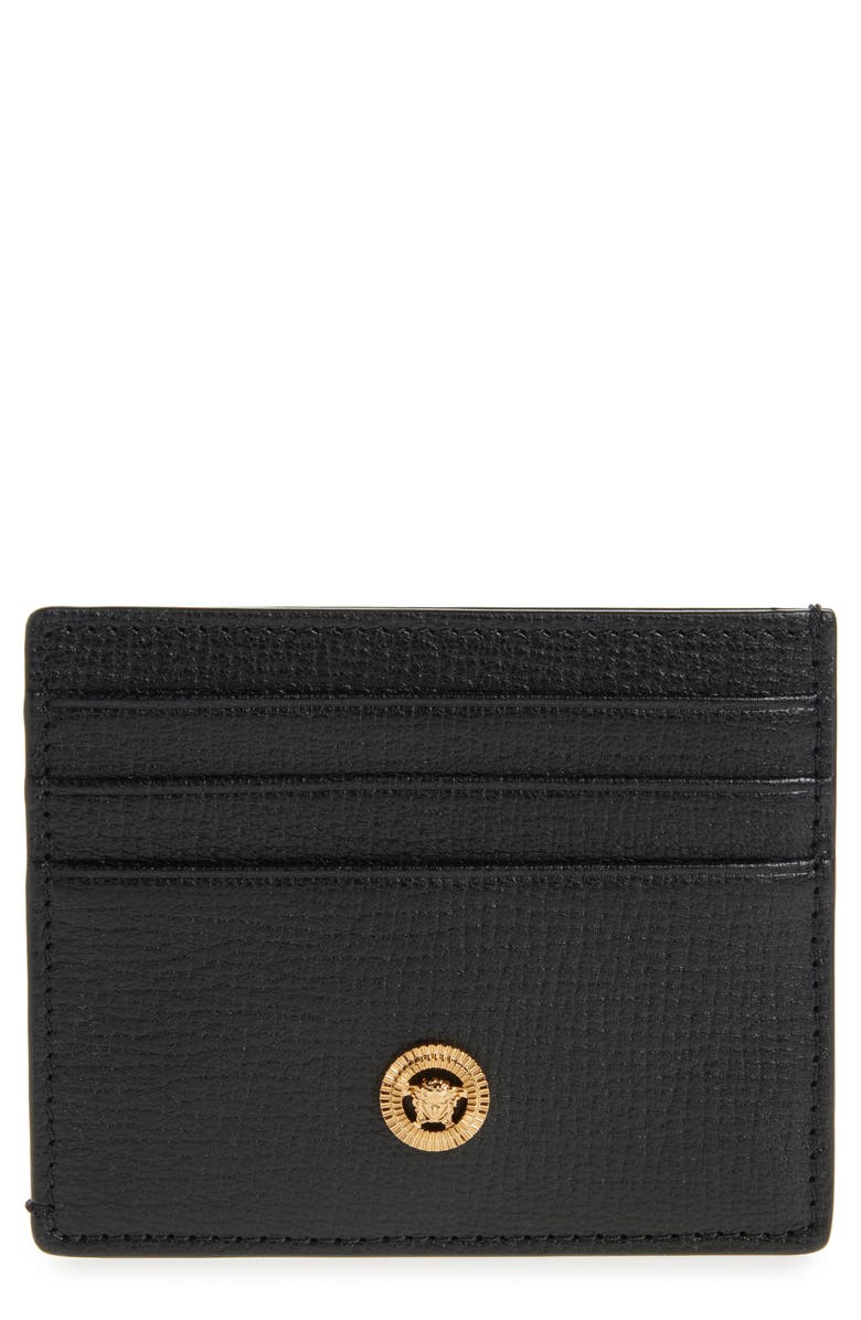 Versace Medusa Grained Leather Card Case, Main, color, Black Versace Gold