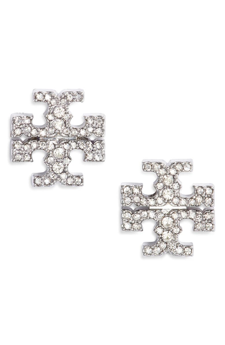 Tory Burch Kira Pavé Stud Earrings, Main, color, Tory Silver / Crystal
