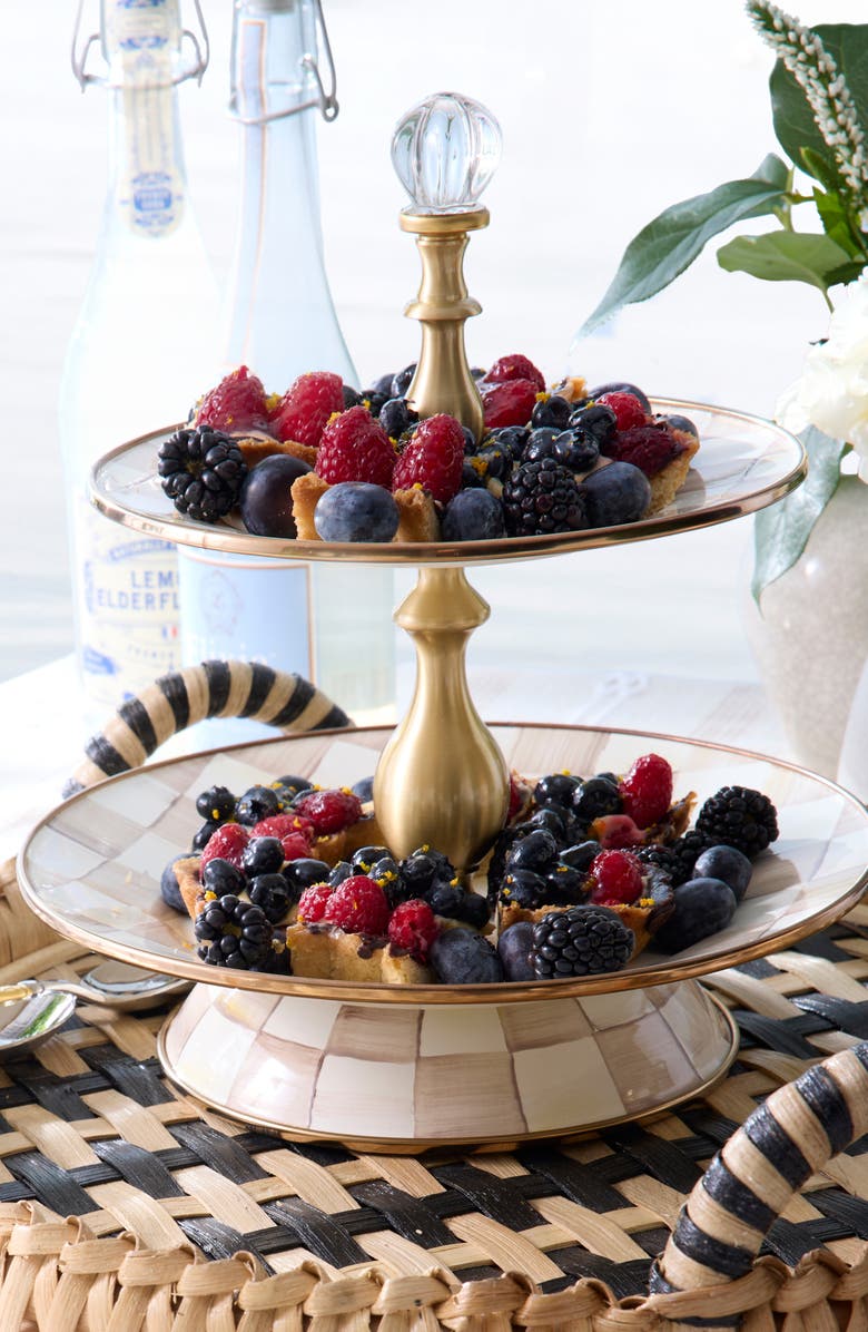 MACKENZIE CHILDS Royal Check Enameled Steel 2-Tier Sweet Stand, Alternate, color, Mocha