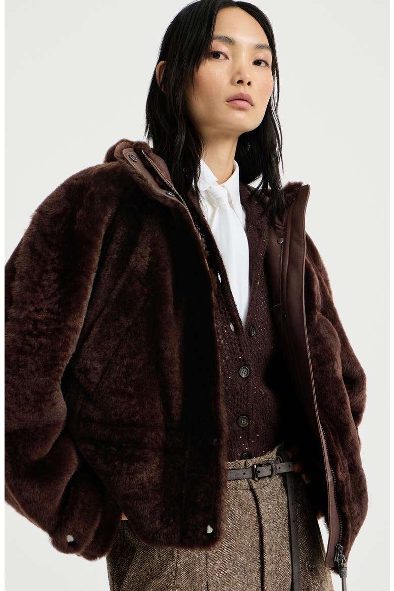 Shearling outerwear jacket with shiny zipper pull, Alternate, color, Brown Gianduia