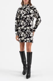 Blu Pepper Floral Jacquard Long Sleeve Sweater Dress