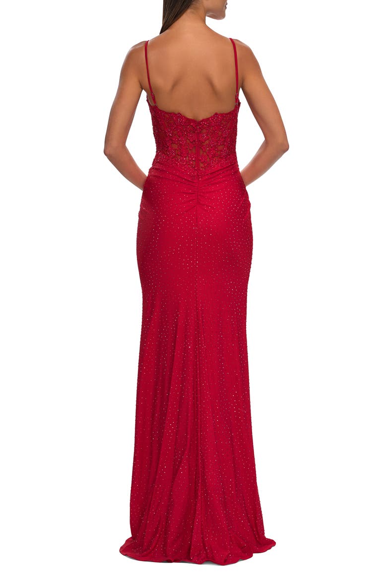 Lace Applique Sheer Back Rhinestone Jersey Dress, Alternate, color, Red