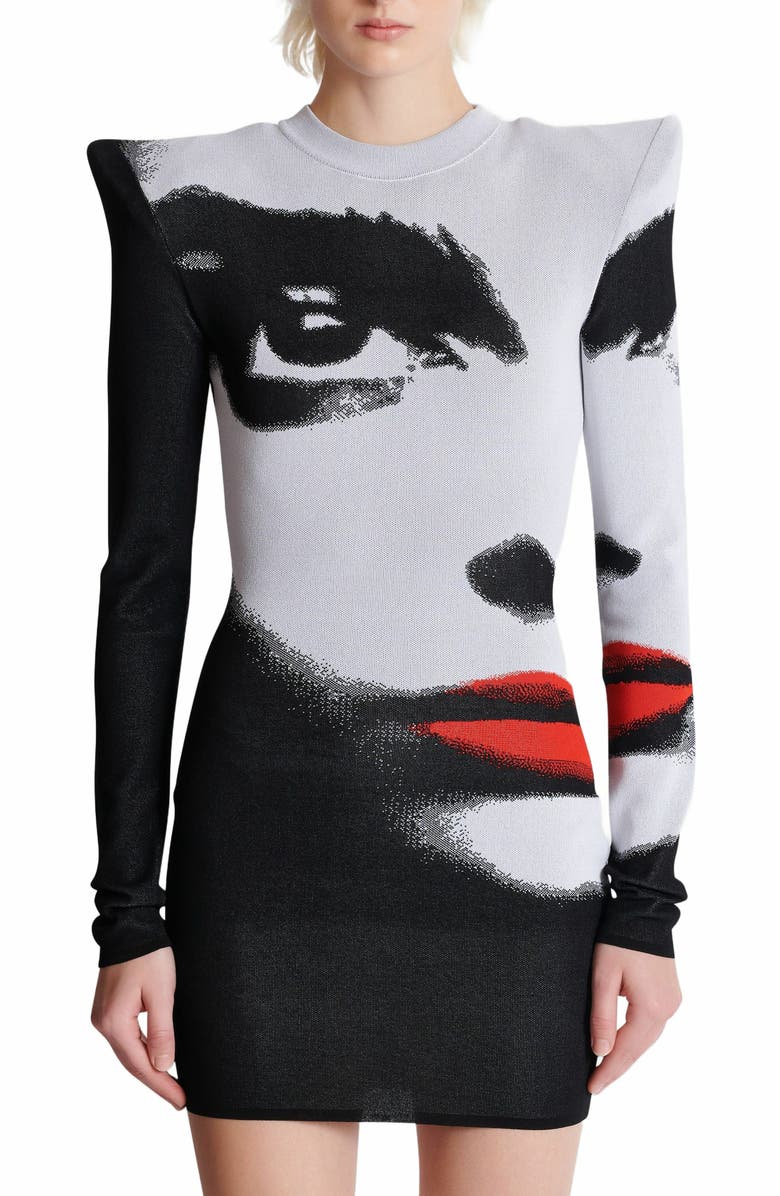 Balmain Jacquard Knit Dress With Face Motif, Alternate, color, White
