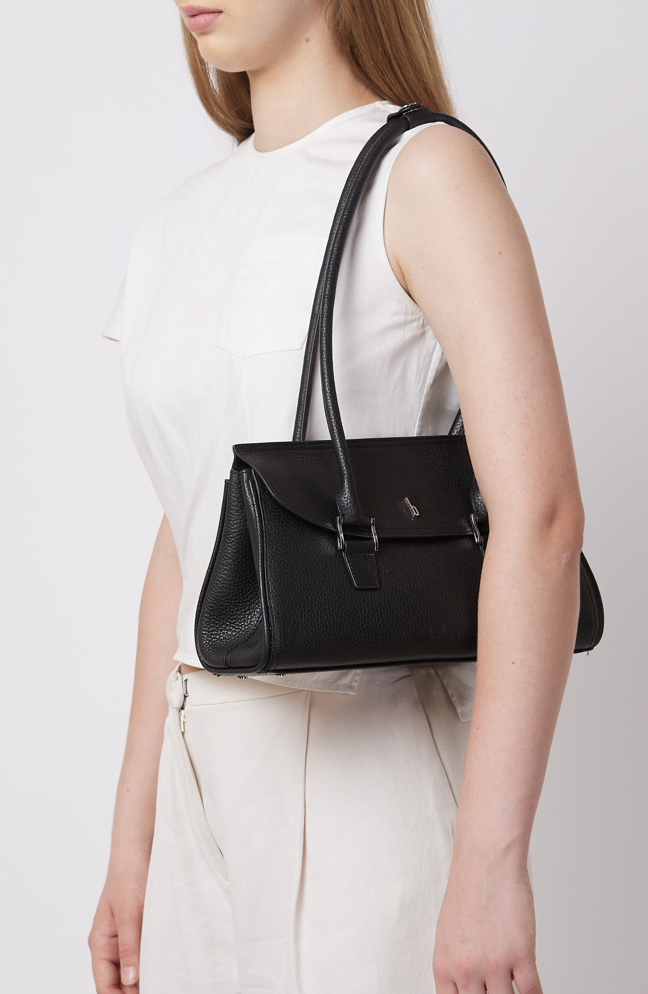 behno Coco Baguette Pebble Leather Shoulder Bag, Alternate, color, Black