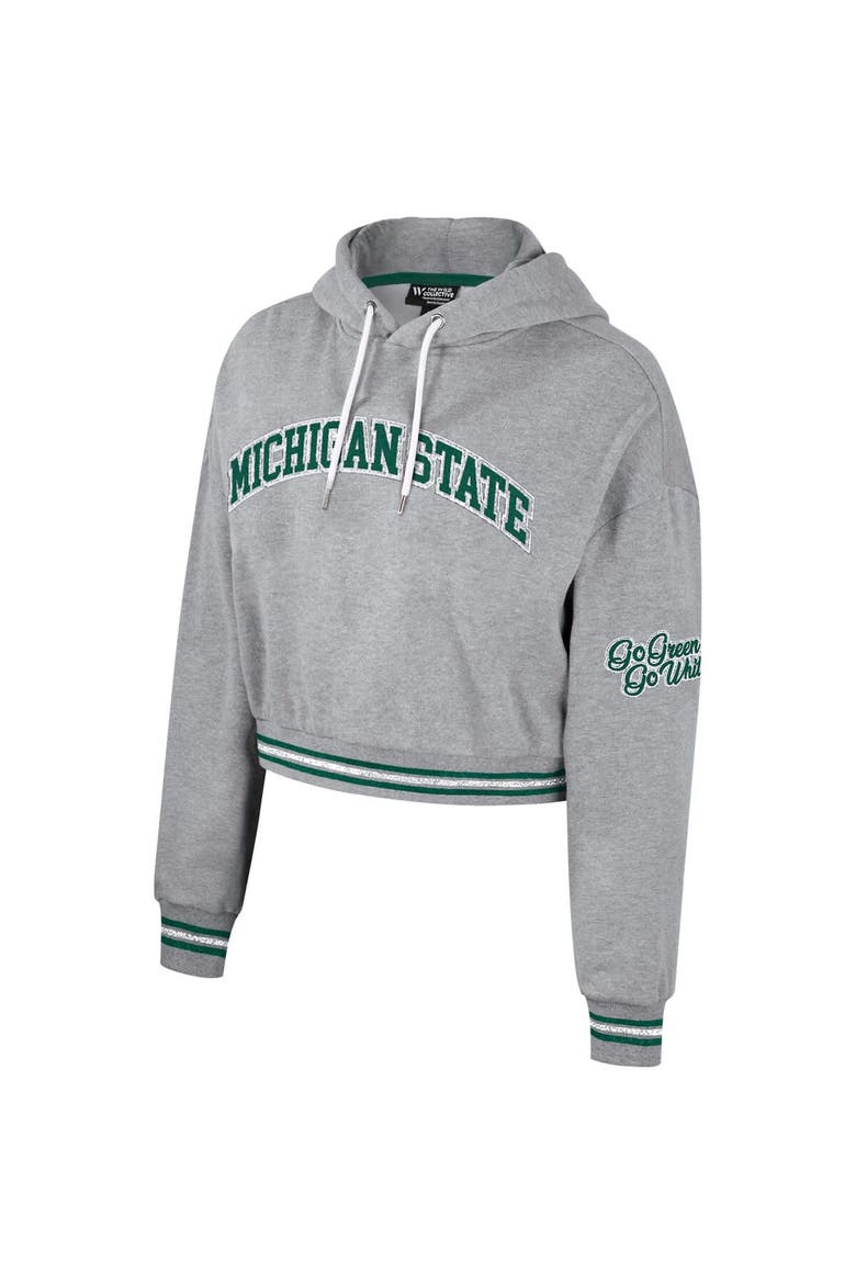 Women's The Wild Collective Heather Gray Michigan State Spartans Cropped Shimmer Pullover Hoodie, Alternate, color, Heather Gray