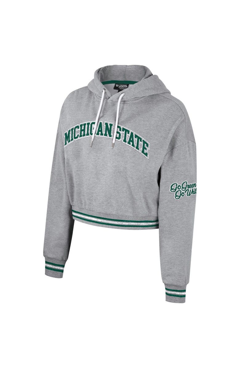 THE WILD COLLECTIVE Women's The Wild Collective Heather Gray Michigan State Spartans Cropped Shimmer Pullover Hoodie, Alternate, color, Heather Gray