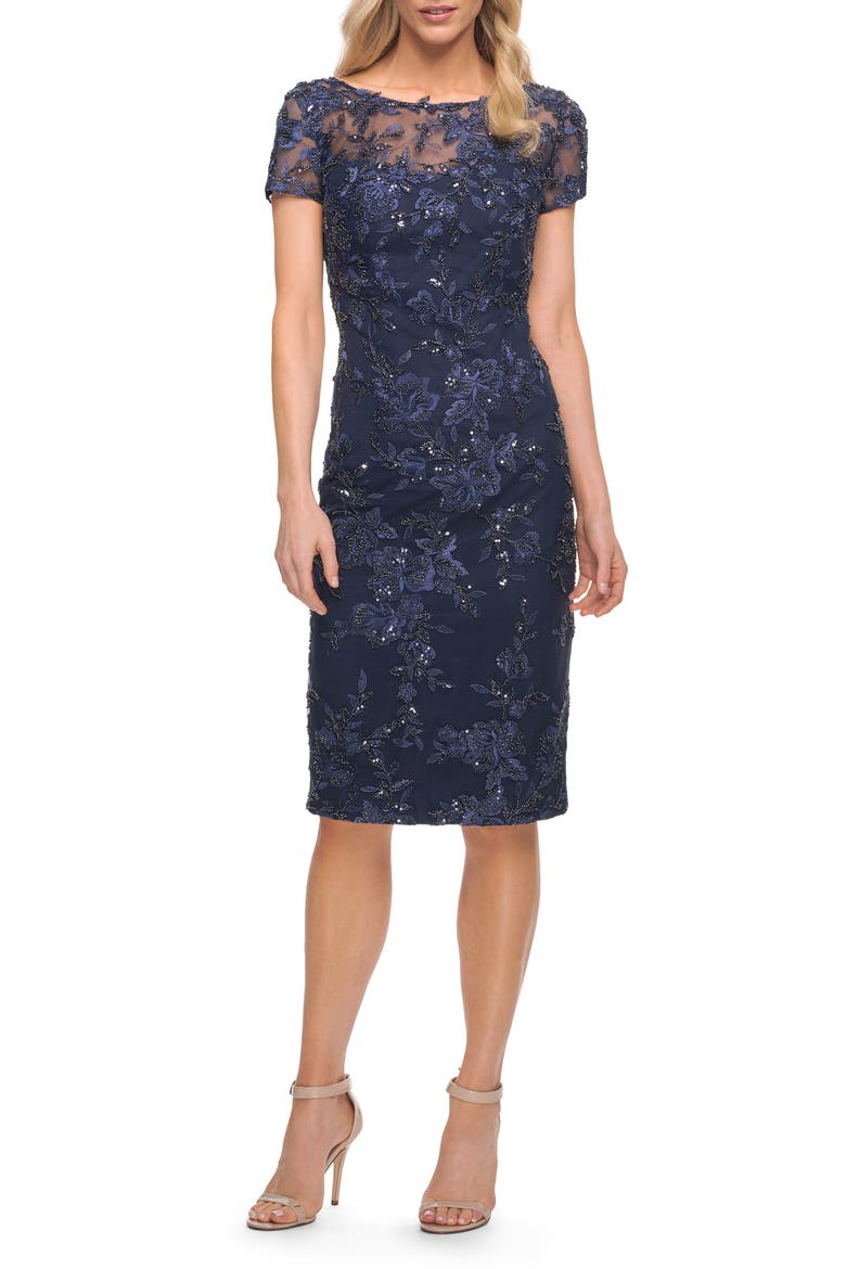 Lovely Floral Beaded Illusion Neck Sheath Dress, Alternate, color, NAVY